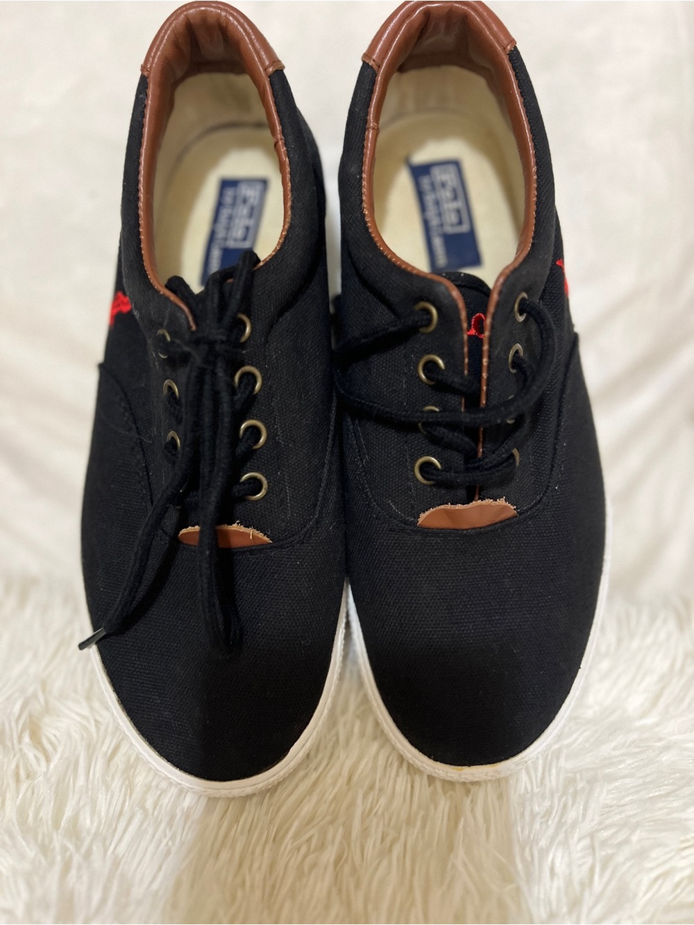 Polo by Ralph Lauren Black Canvas Sneakers Brown Collar Red Logo Very Clean! - Picture 7 of 8